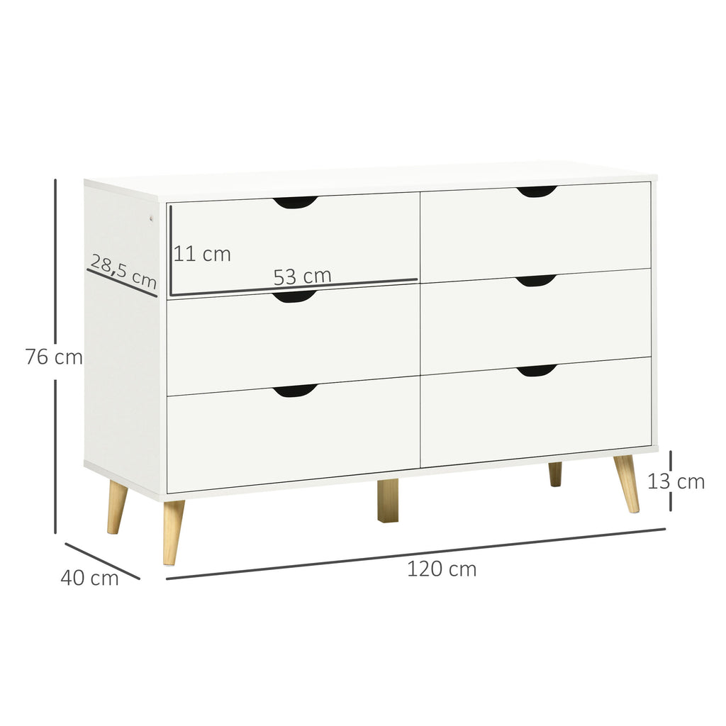 Commode 6 tiroirs meuble de rangement 5 pieds biseautés en bois  120 x 40 x 76 cm blanc-2