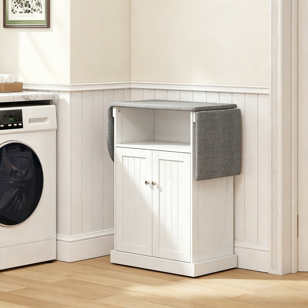 Armoire à repasser sur roulettes, table à repasser avec plateau repassable et pliable, 131 x 37 x 89,5 cm, blanc-1