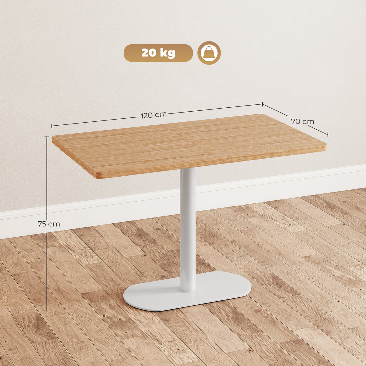 Table à manger rectangulaire pour 6 personnes, 120 x 70 x 75 cm, table de cuisine piétement et plateau épais chêne blanc-2
