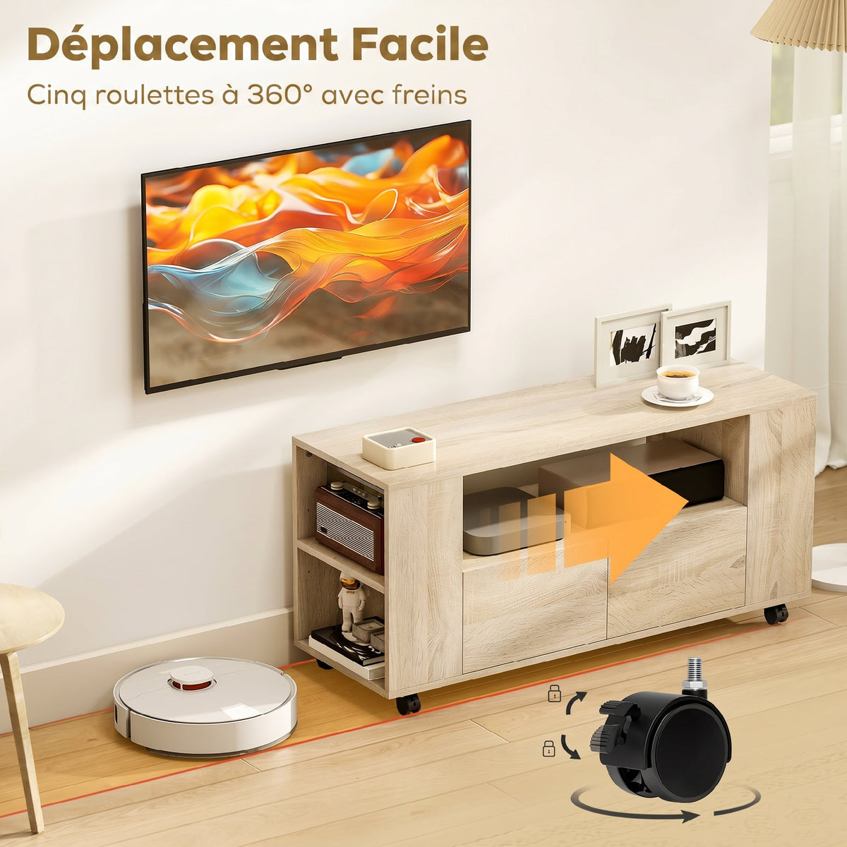 Meuble TV sur roulettes 102 cm, meuble télé pour téléviseur jusqu'à 42 pouces, 2 tiroirs, compartiments ouverts, naturel-3