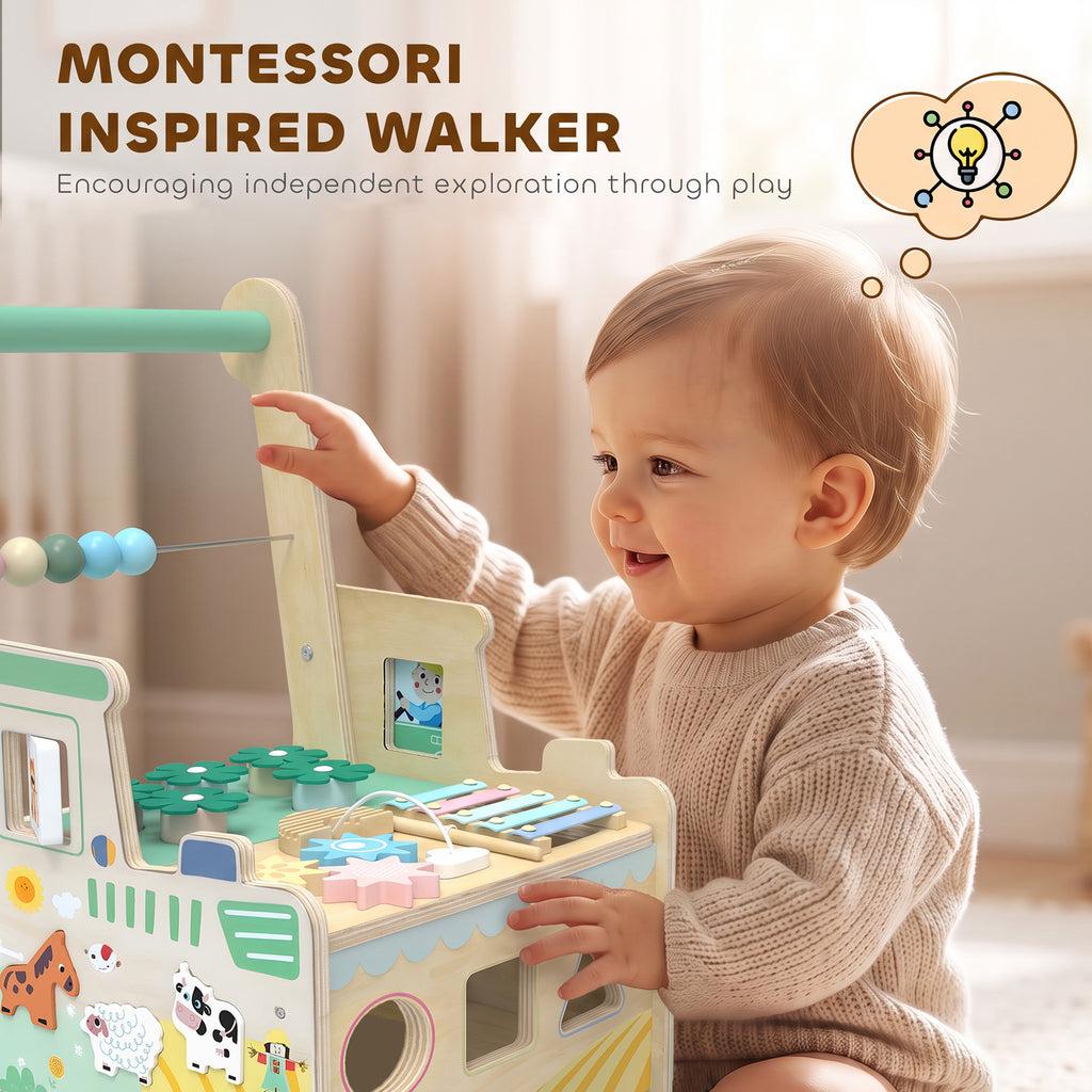 Trotteur Bebe en Bois, Chariot de Marche Bébé, Centre d'Activités, Espace de Rangement, Vert-7