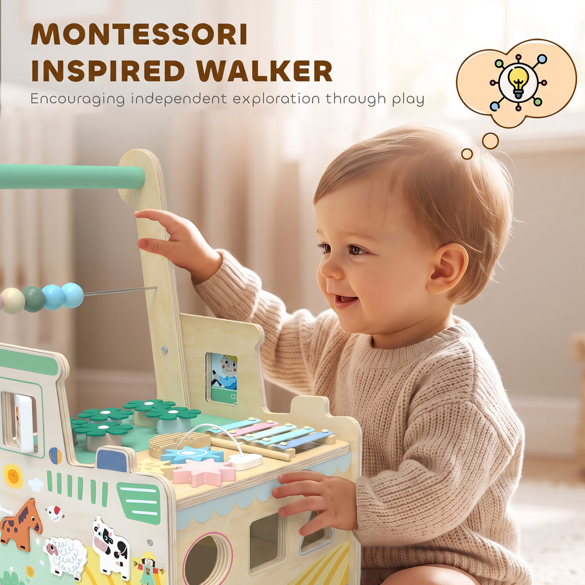 Trotteur Bebe en Bois, Chariot de Marche Bébé, Centre d'Activités, Espace de Rangement, Vert-7