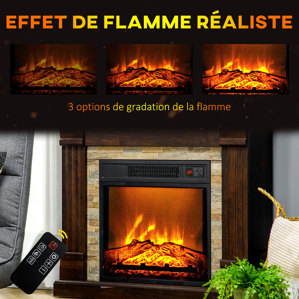 Cheminée électrique, cheminée décorative 1800W effet flamme, luminosité et température réglables, 80x21,6x67,8cm, marron-3
