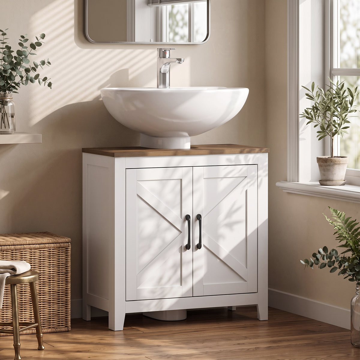 Meuble sous lavabo, meuble de salle de bain moderne avec 2 portes de grange et étagère réglable, blanc-1