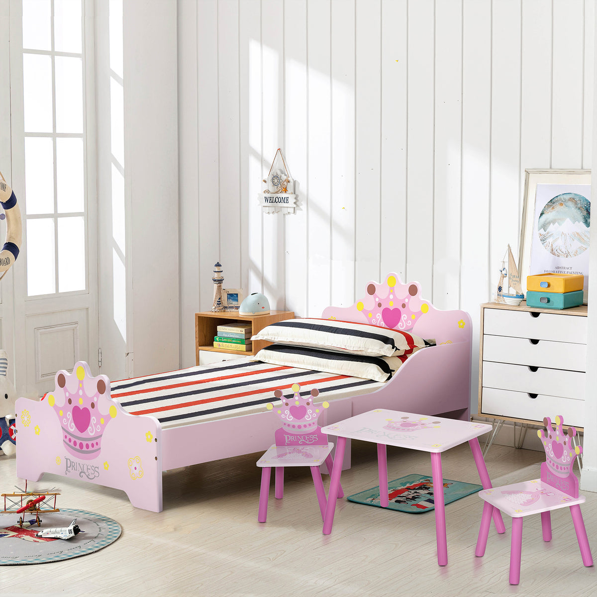 Lit Enfant et Ensemble table et chaises enfant - Design Princesse Motif Couronne - sommier à Lattes Inclus - Rose-9