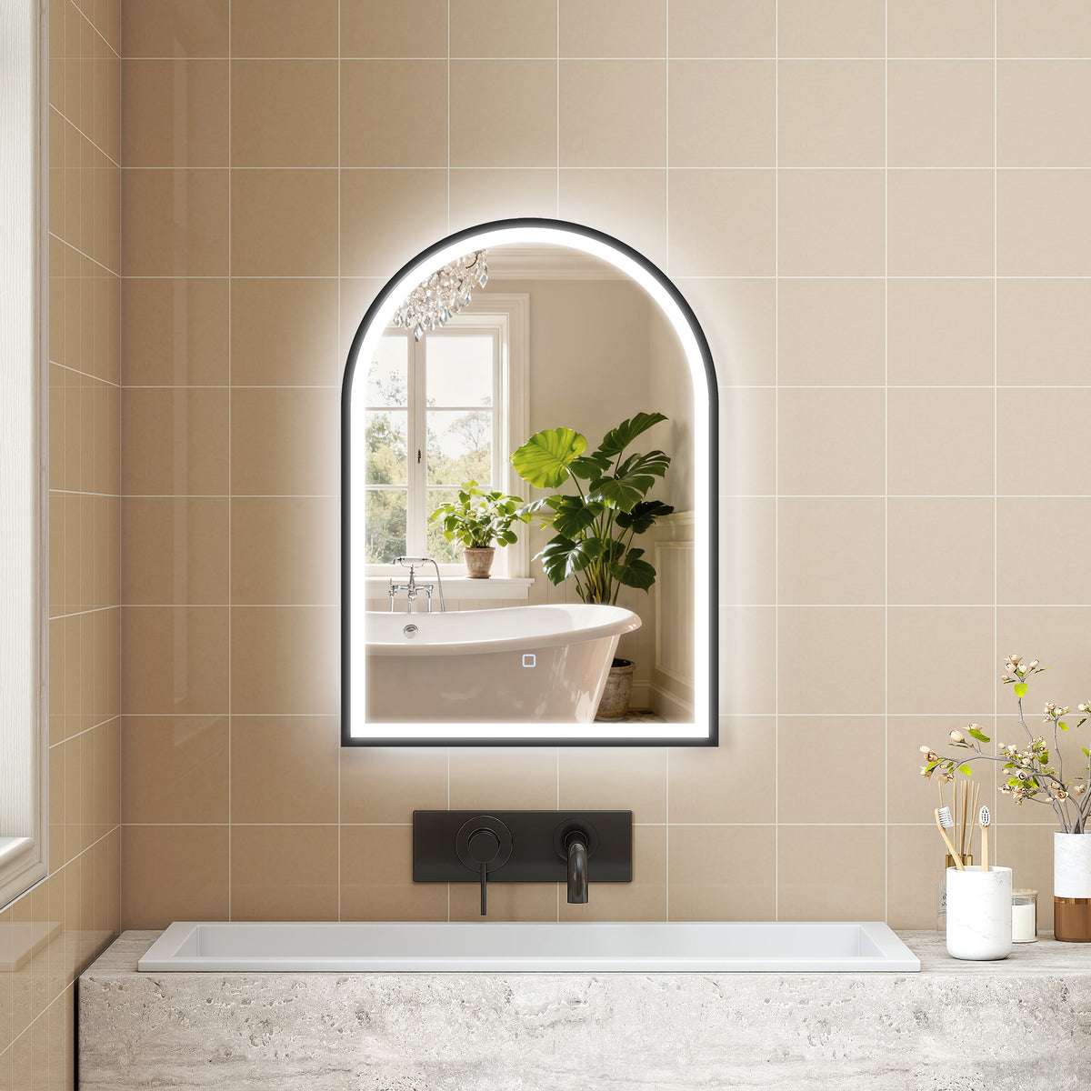 Miroir salle de bain avec éclairage 50 x 70 cm, miroir LED arqué, anti-buée, 3 couleurs lumière, dimmable, mémoire, noir-8