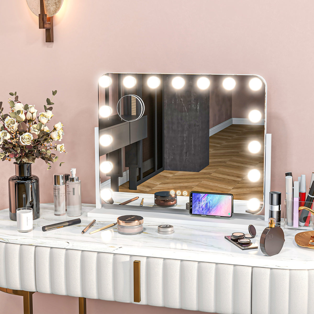 Miroir maquillage lumineux LED intensité réglable miroir grossissant port de charge USB, rotation à 360° 63 x 50 cm-1