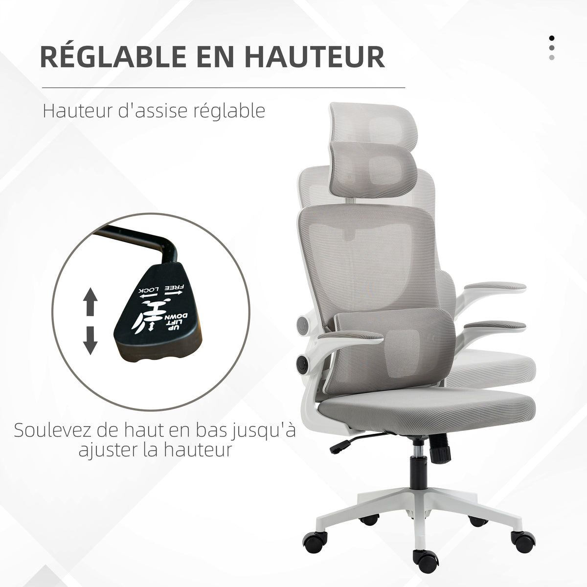 Fauteuil de bureau pivotant 360° avec appui-tête réglable et support lombaire - hauteur d'assise réglable gris-3