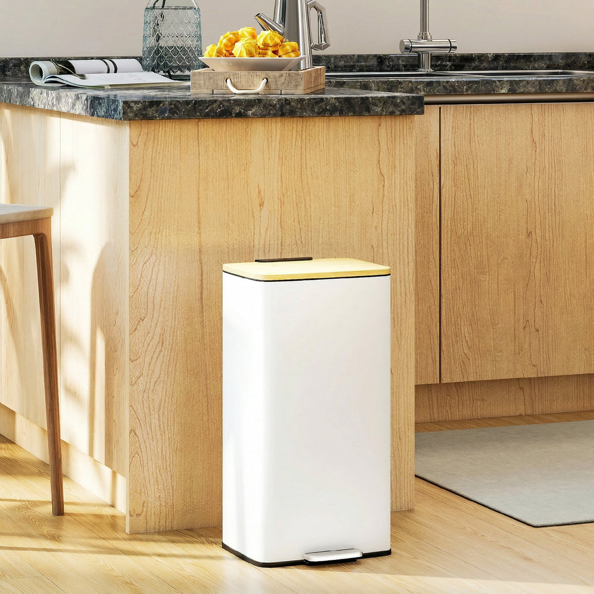 Poubelle de Cuisine 20L, Poubelle avec Pédale, Couvercle en Bambou à Fermeture Douce, Seau Intérieur Amovible, Blanc-8