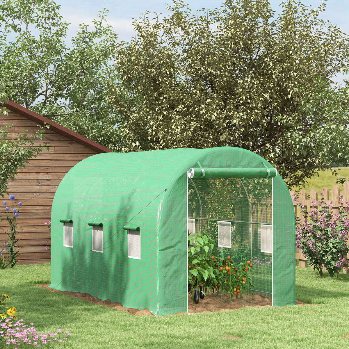 Serre de Jardin Tunnel Surface Sol 8 m² 4L x 2l x 2,05H m châssis Tubulaire Porte zippée 6 fenêtres enroulables vert-1