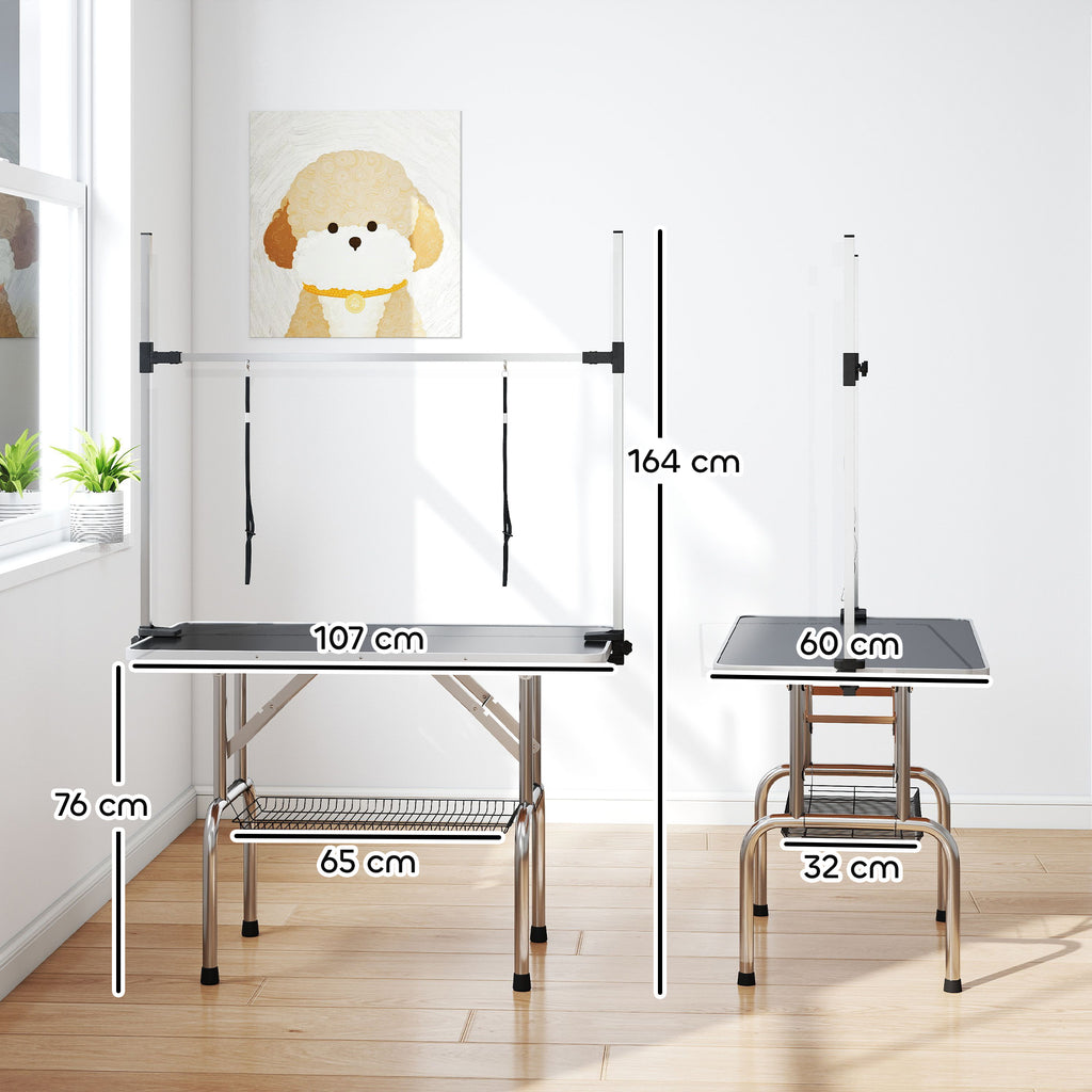 Table de toilettage pour chien pliante potence H-forme inox réglable 2 sangles panier 107 x 60 x 164 cm noir-2