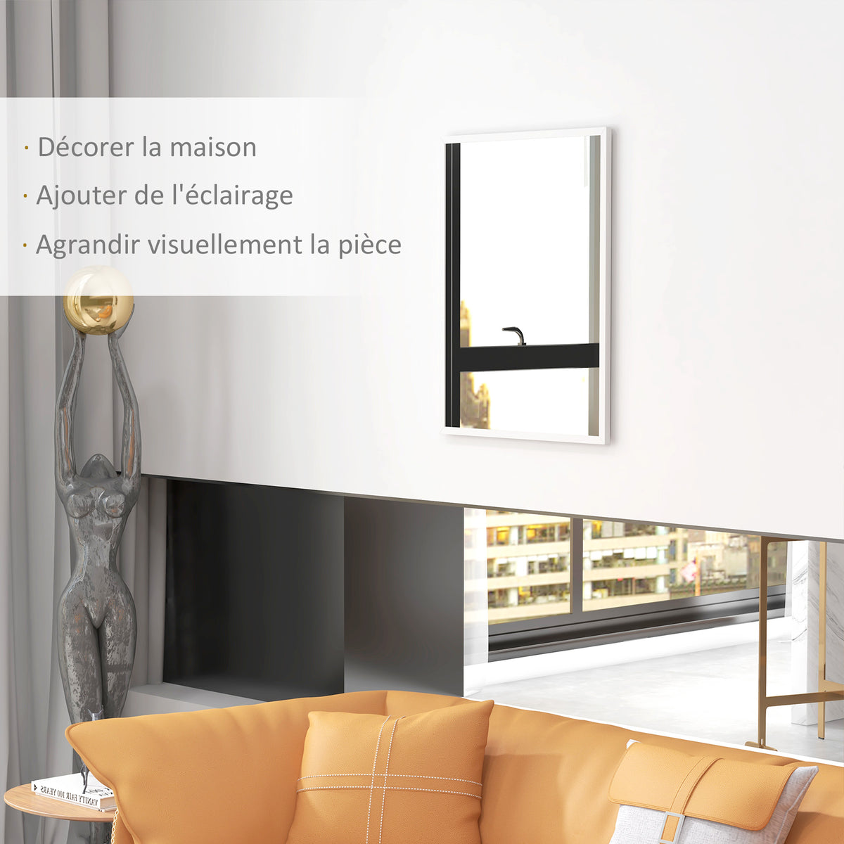 Miroir mural rectangulaire 60 x 80 cm, cadre en MDF, idéal pour la salle de bain, salon ou chambre, blanc-3