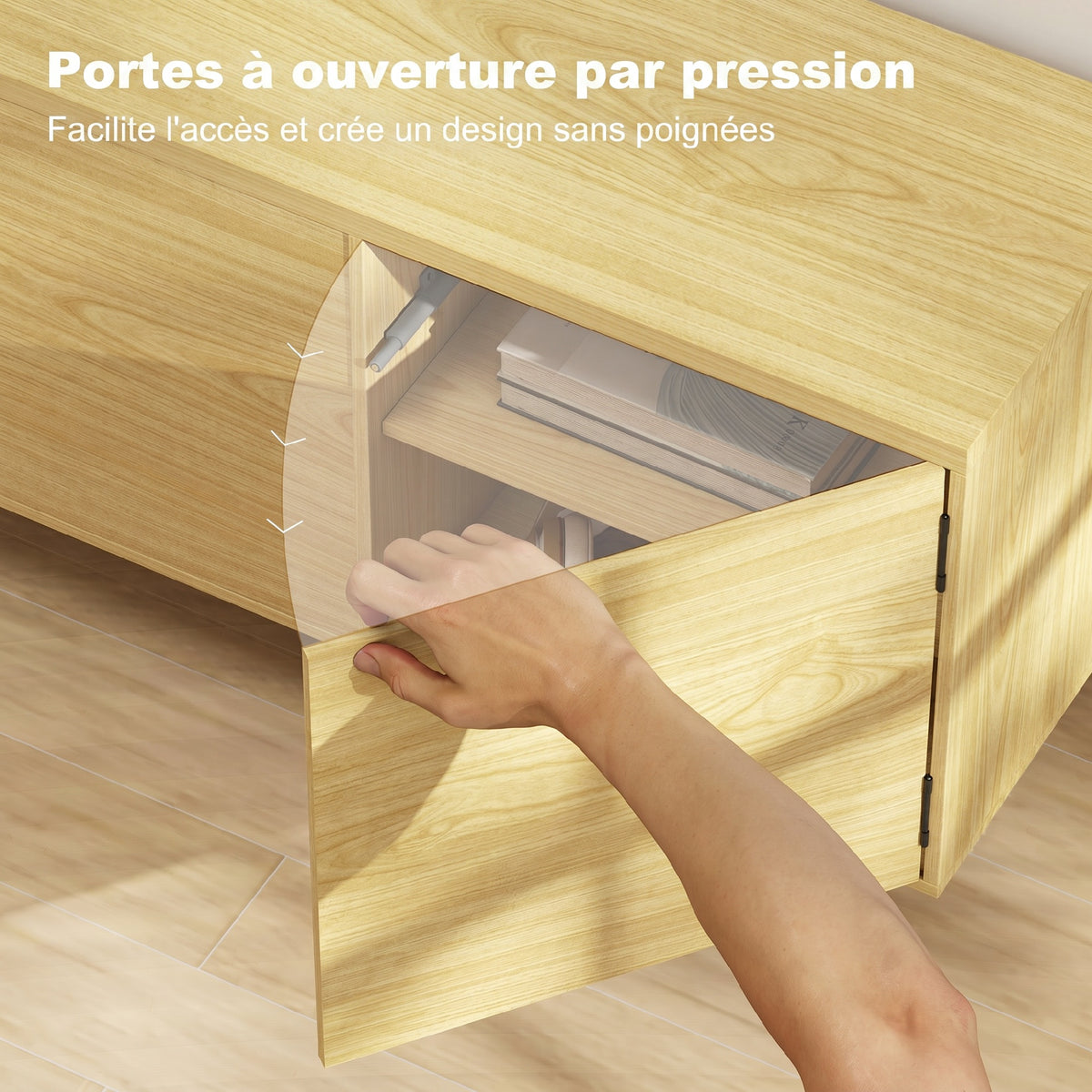 Meuble TV 180 cm, meuble télé pour 82 pouces avec 4 portes à ouverture par pression 180x35x55,5cm bois naturel-4