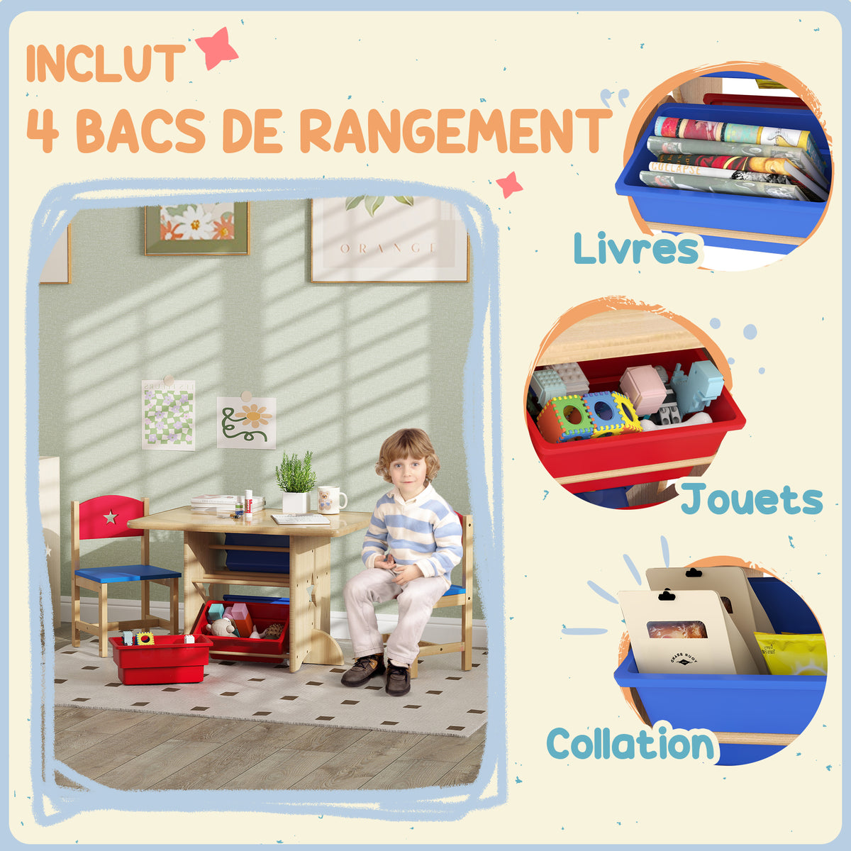 Table enfant avec 2 chaises ensemble table et chaises enfants 3 pièces en bois avec 4 bacs de rangement bois naturel-3