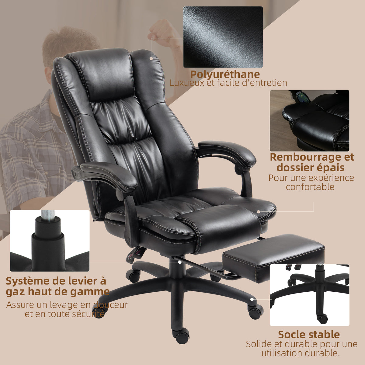 Fauteuil de bureau massant, chaise de bureau avec hauteur réglable, dossier inclinable et télécommande filaire, noir-7