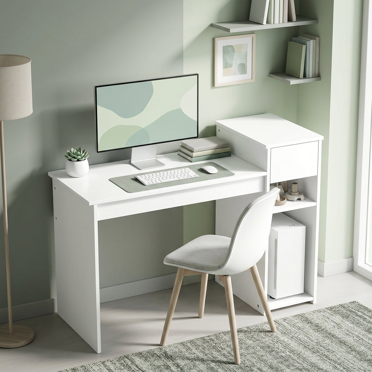 Bureau informatique avec tiroir et étagère, bureau d'ordinateur avec support d'unité centrale, 108 x 50 x 82 cm, blanc-1