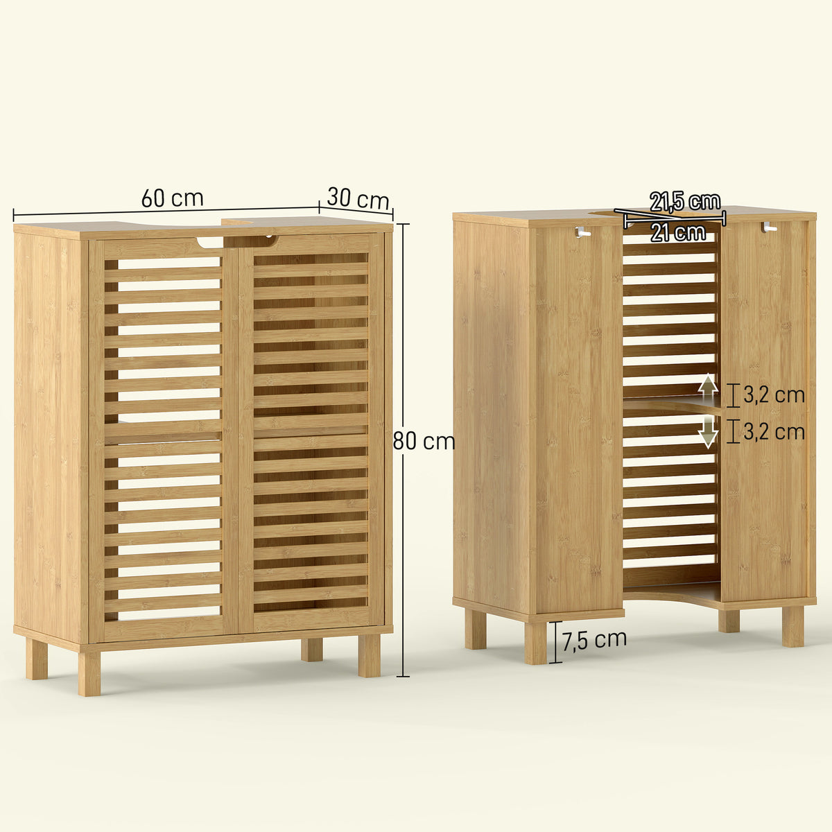 Meuble sous Lavabo en Bambou, Meuble de Salle de Bain avec 2 Portes Persiennes, Étagère Réglable, Bois Naturel-2