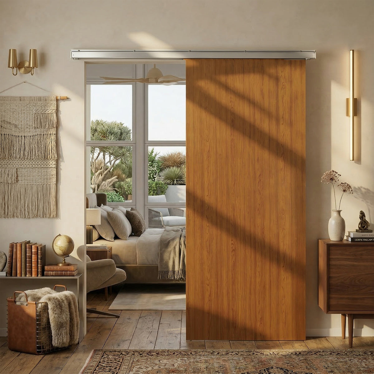 Porte Coulissante 90 x 210 cm Porte avec Kit de Quincaillerie Moderne Rail Silencieux Surface en PVC Imperméable Marron-8