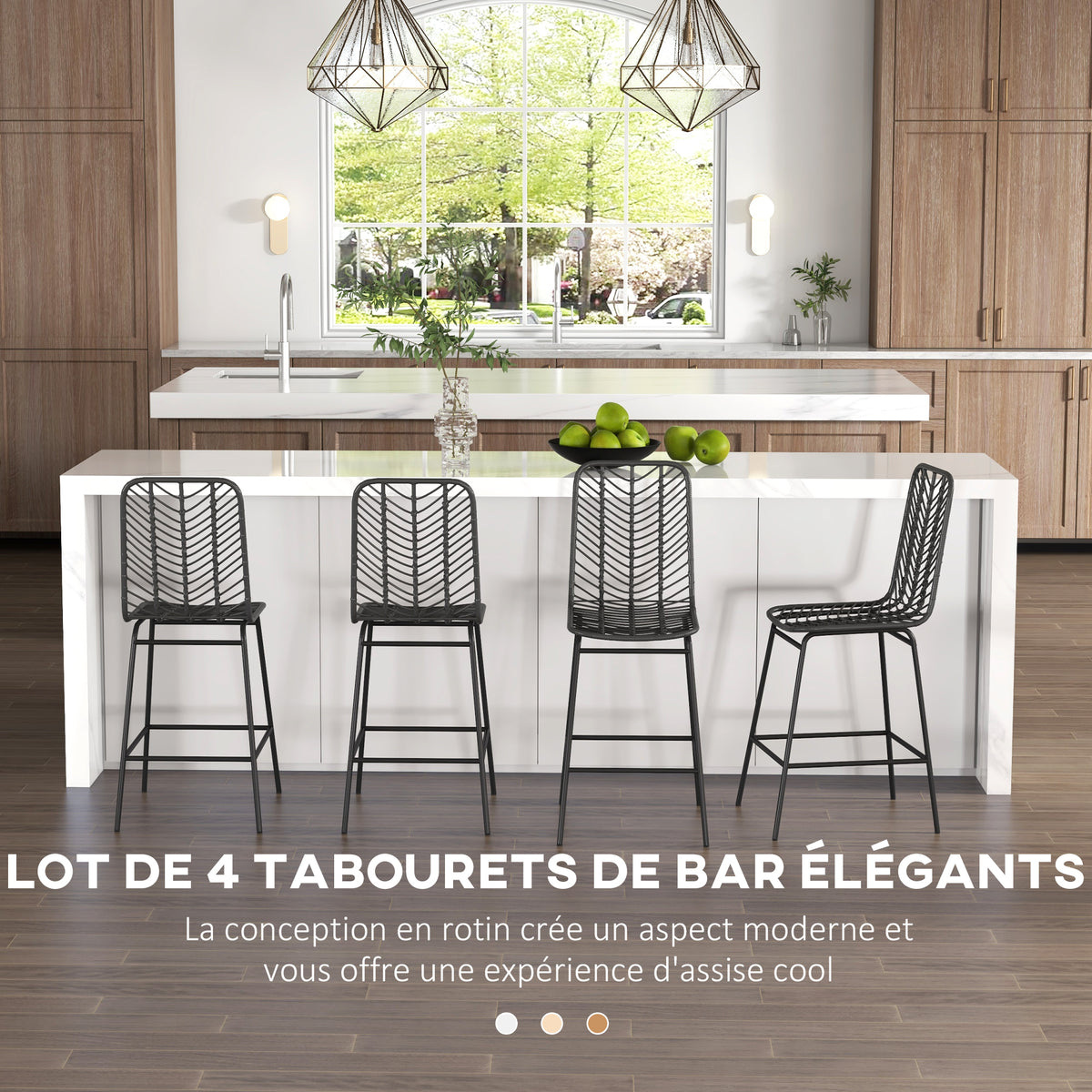 Lot de 4 tabourets de bar design bohème hauteur 66 cm avec repose-pieds métal et rotin PE - noir-3