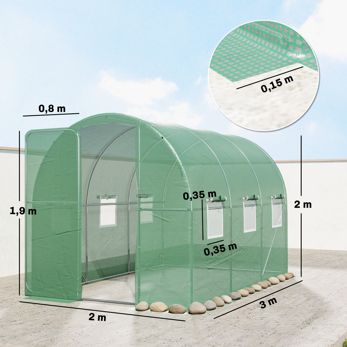 Serre tunnel de jardin 6m², serre de jardin tunnel 200x300x200cm porte et 6 fenêtres, bâche PE 140 g/m² vert-2