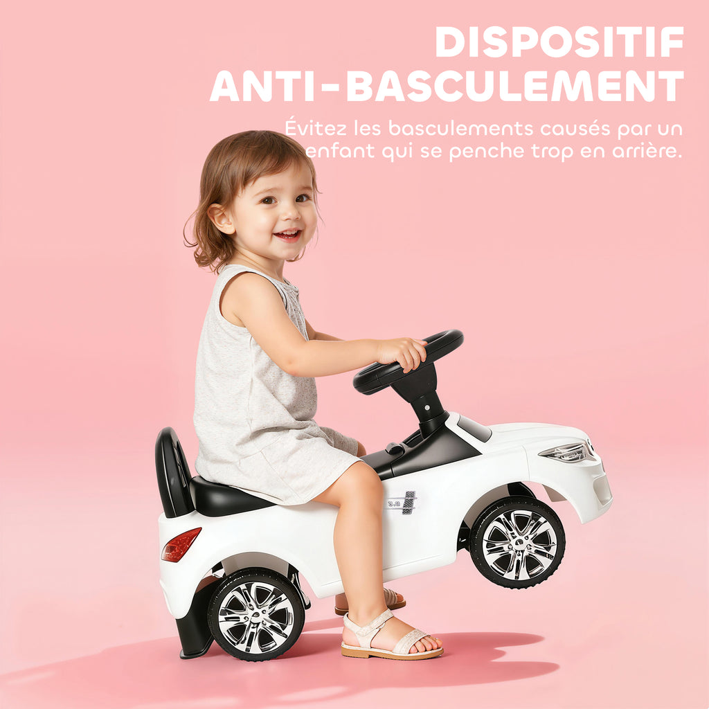 Porteur enfants voiture, véhicule à pousser avec coffre à jouets, klaxon, phares et musique, 63,5 x 28 x 36 cm, blanc-4