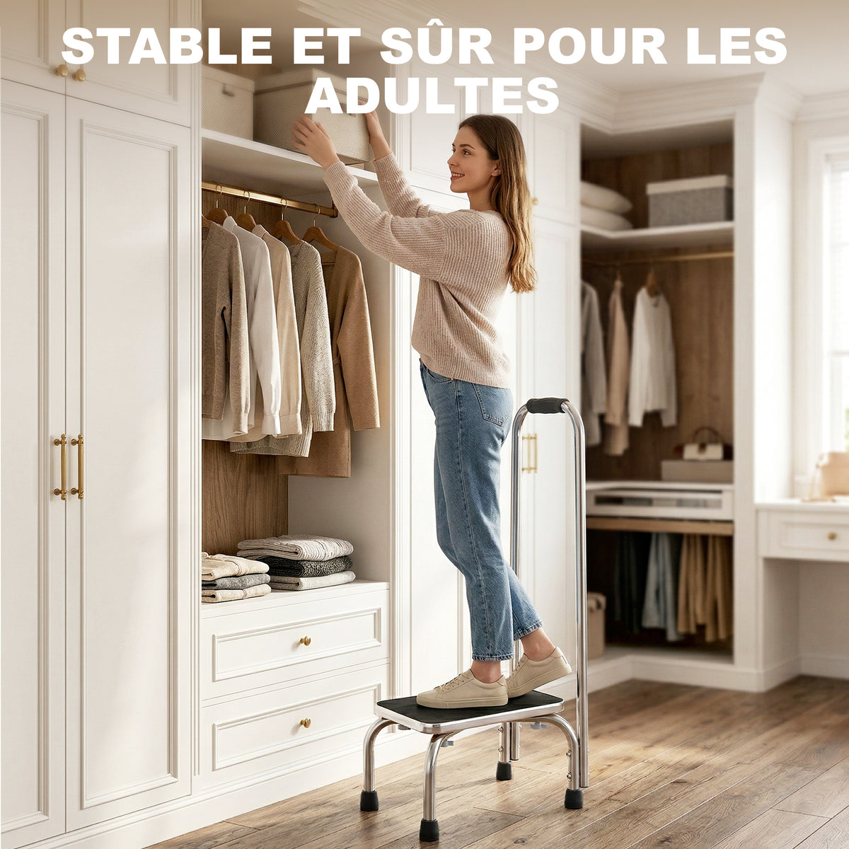 Marche avec Barre d'appui - marchepied de sécurité - Plateforme & Patins antidérapants - Acier galvanisé, gris et noir-4