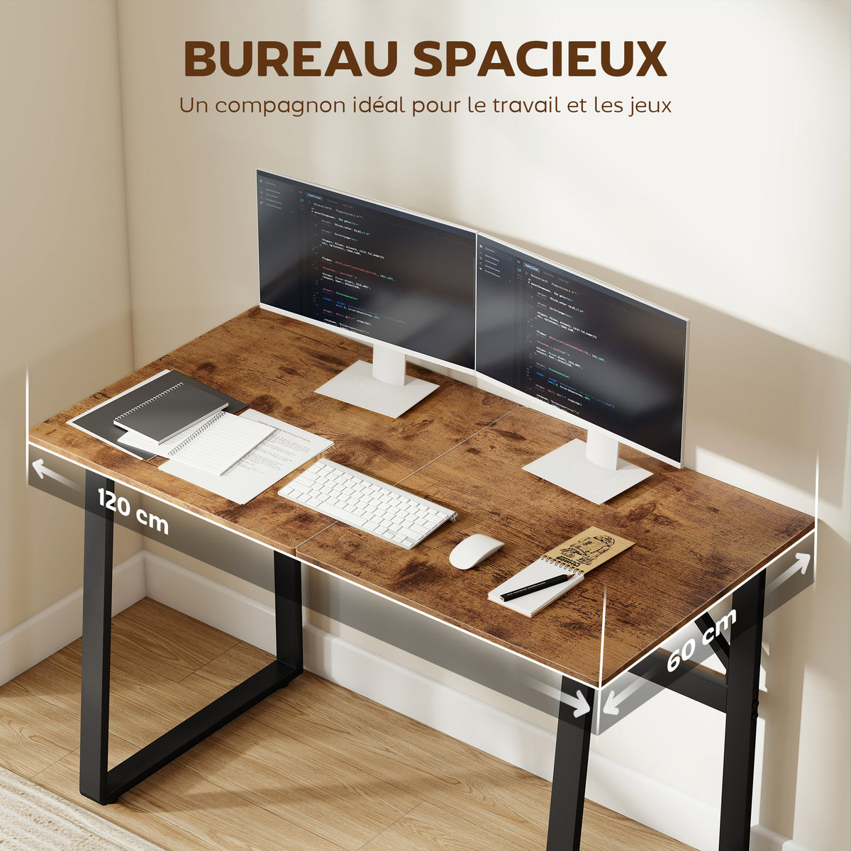 Bureau d'Ordinateur 120 cm, Bureau Simple, Pieds Réglables, pour Petit Espace, Travail à Domicile, Étude, Brun Rustique-3