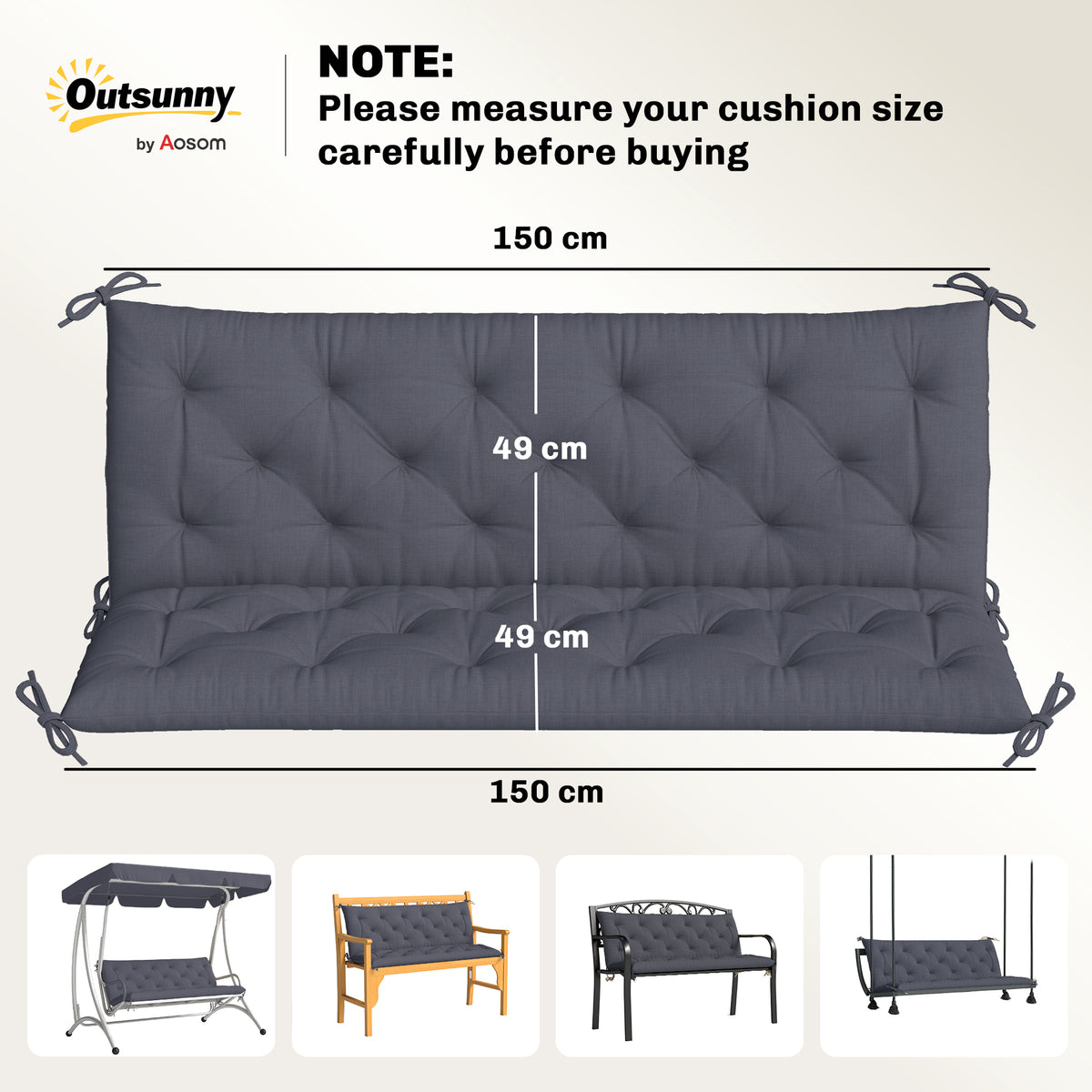 Coussin de banc matelas assise dossier pour banc de jardin coussin balancelle canapé 3 places grand confort 150 x 98 x 8 cm gris-2