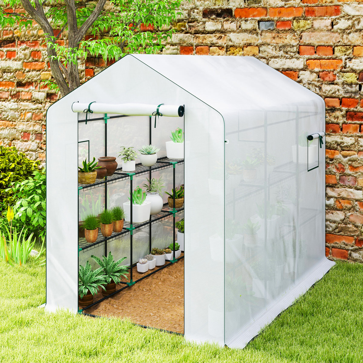 Serre de jardin 3 m² avec étagères 3 niveaux, PE renforcée 135 g/m² anti-UV, porte enroulable et fenêtres en maille-7