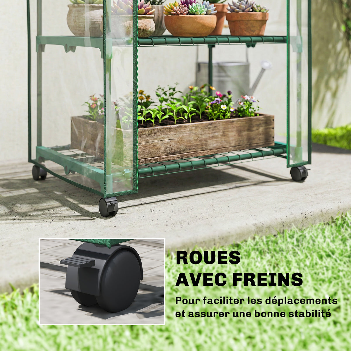 Mini serre de jardin avec 3 étagères, bâche PVC haute densité, porte enroulable 4 roulettes 69 x 49 x 130 cm transparent-4