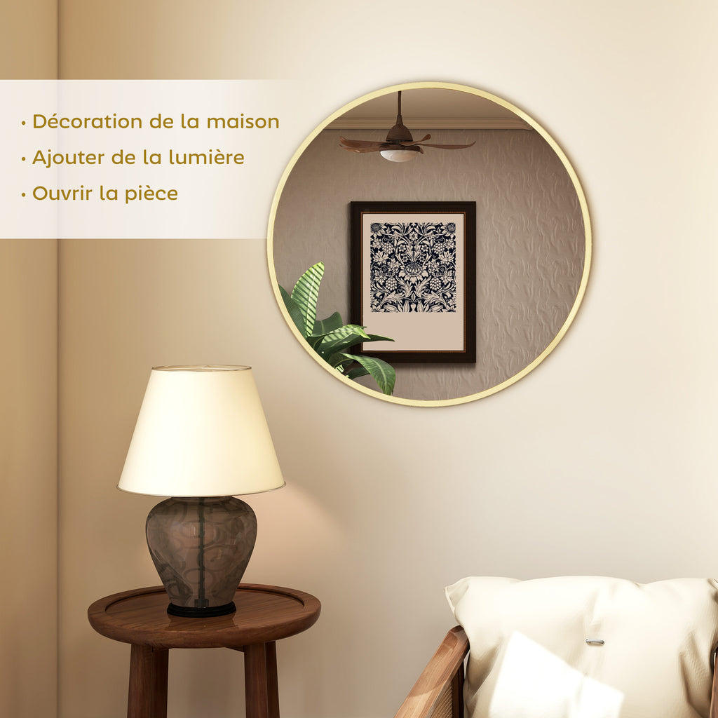 Miroir mural rond Ø 61 cm, cadre en alliage d'aluminium, pour salle de bain, chambre, salon, couloir, doré-3