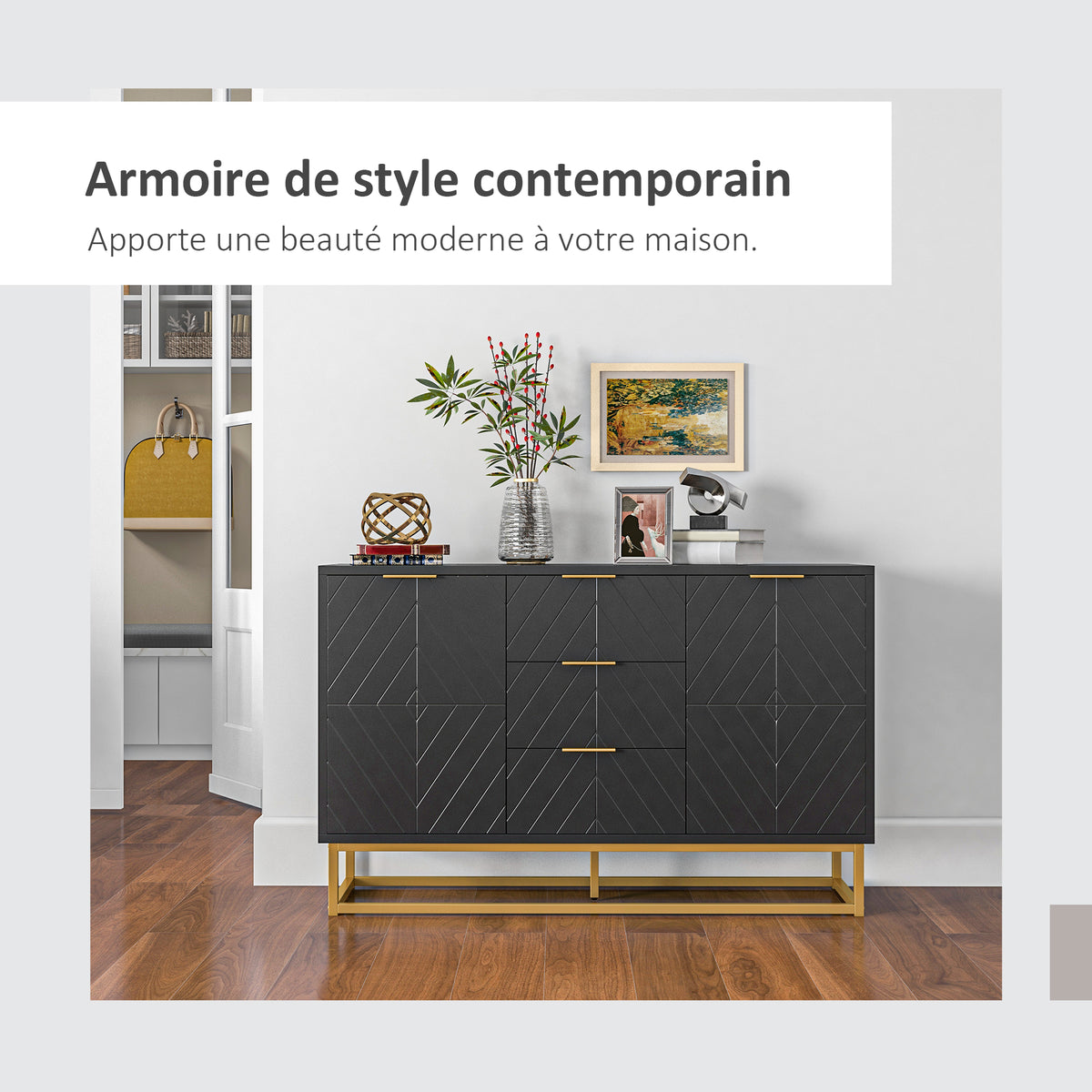 Buffet design contemporain graphique 2 placards porte étagères réglables 3 tiroirs coulissants en bois noir métal doré-3