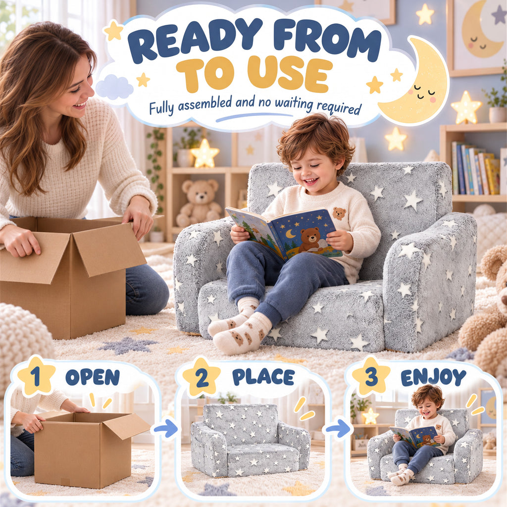 Canapé enfant 2 en 1, fauteuil pour enfant avec étoiles phosphorescentes, dépliable en méridienne, gris-7