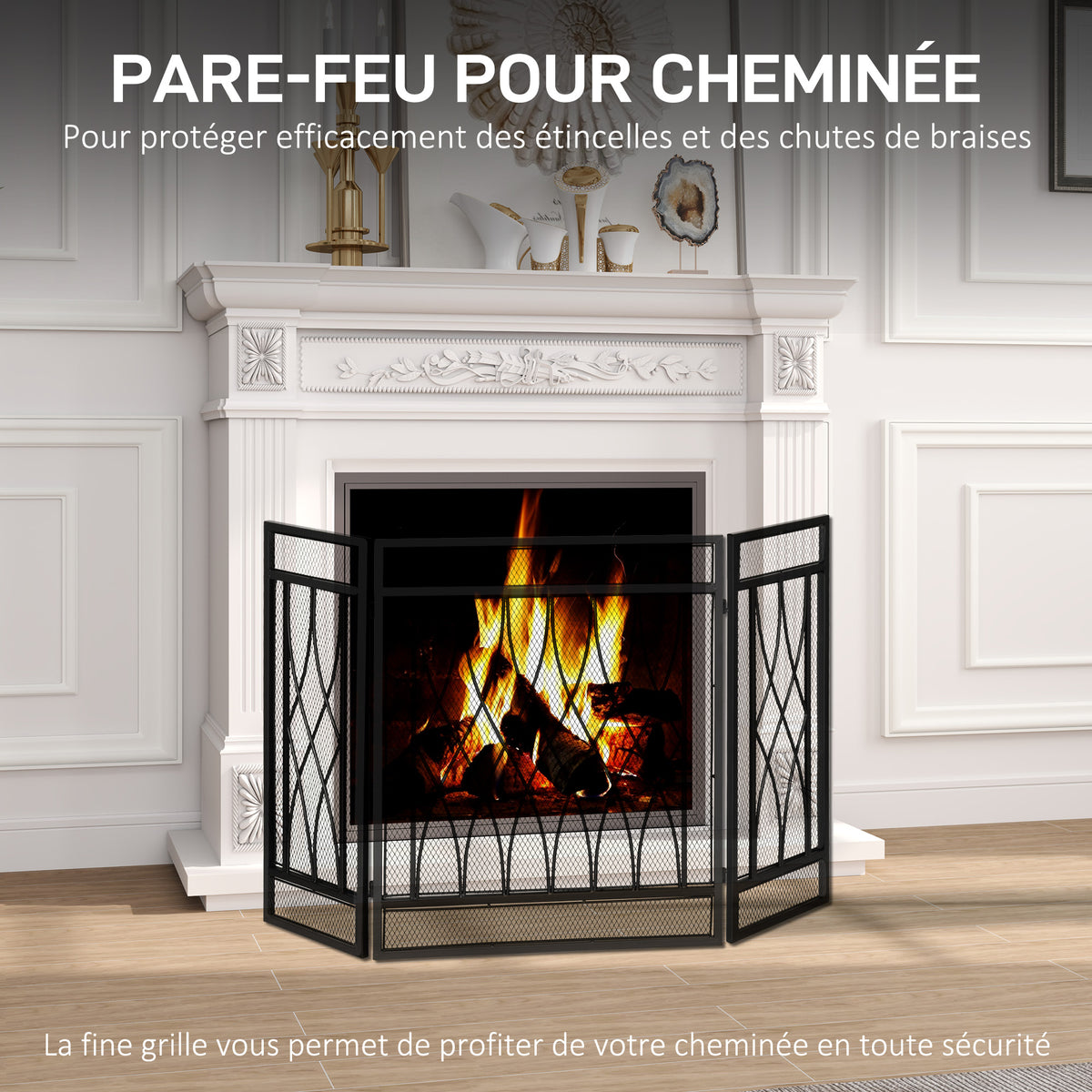 Grille de Protection pour cheminée - Pare-feu Large pour cheminée ou poêle - Pare-étincelles - barrière de sécurité - 3 Volets Pliables - métal Noir-3