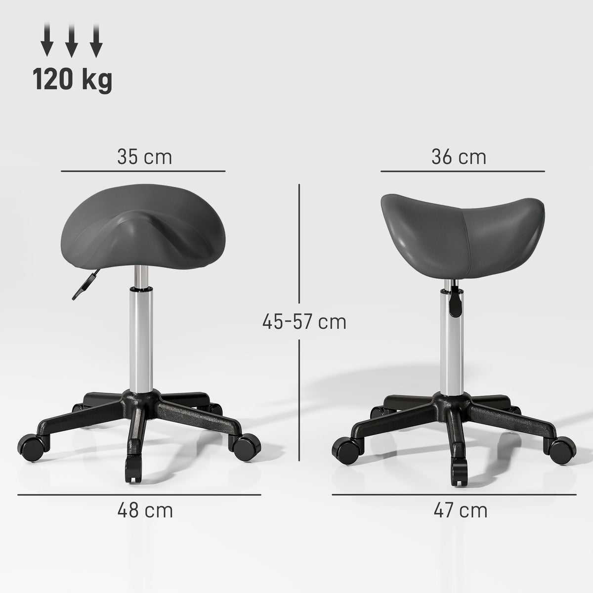 Tabouret à roulettes, chaise de travail avec hauteur réglable 45-57 cm et selle ergonomique, 48x47x45-57cm, gris-2