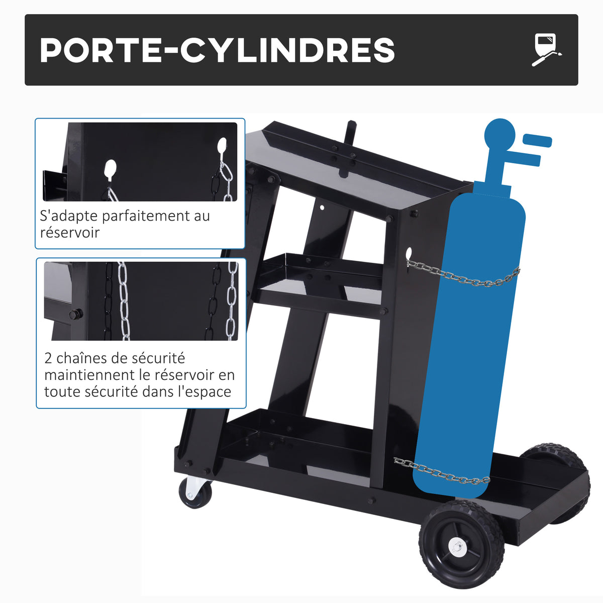 Chariot de soudage mobile à 3 niveaux avec 4 roues, porte-bouteille de gaz et chaînes de sécurité, charge 50 KG, noir-4
