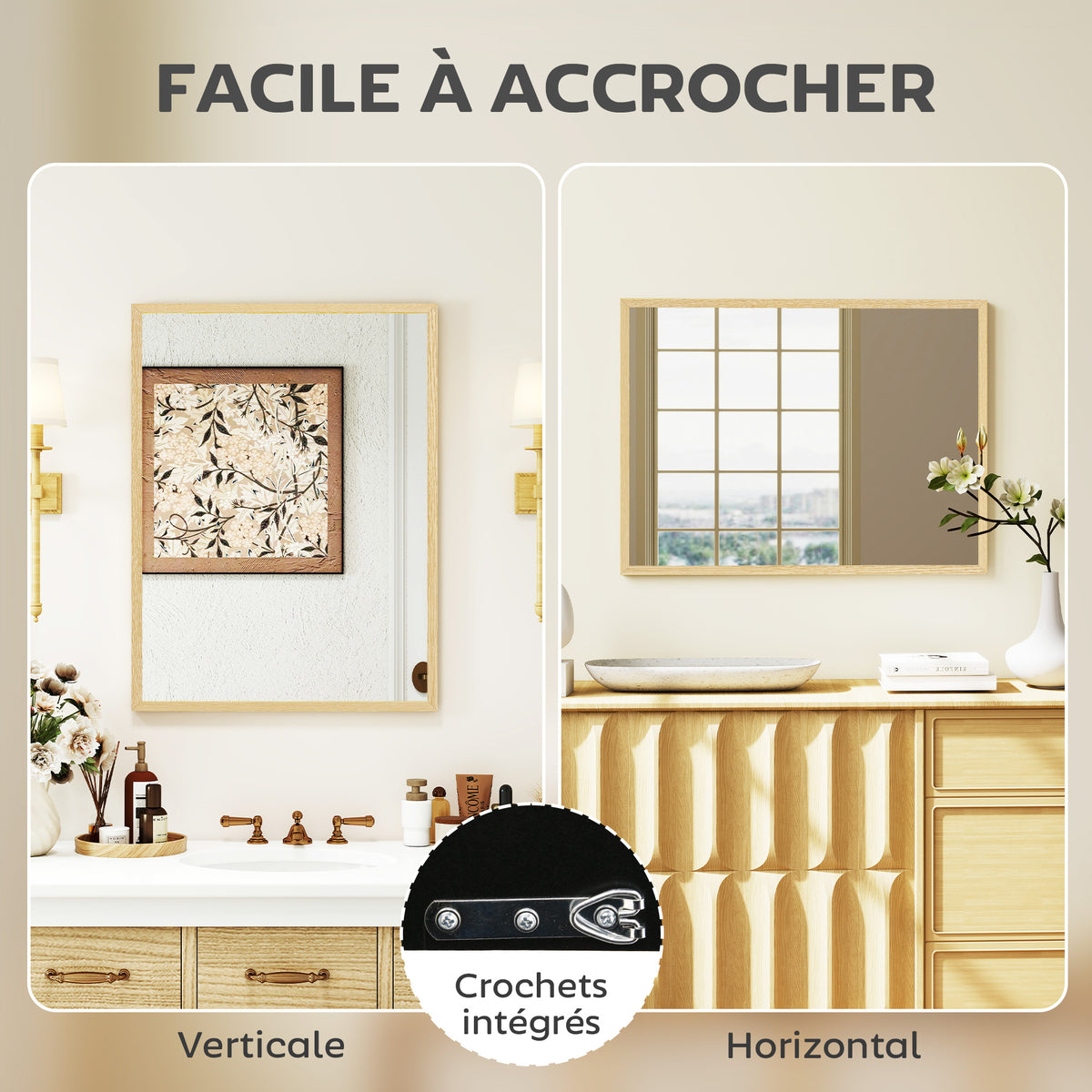 Miroir mural rectangulaire 80 x 60 cm, cadre en bois naturel, idéal pour la salle de bain, salon ou chambre-4