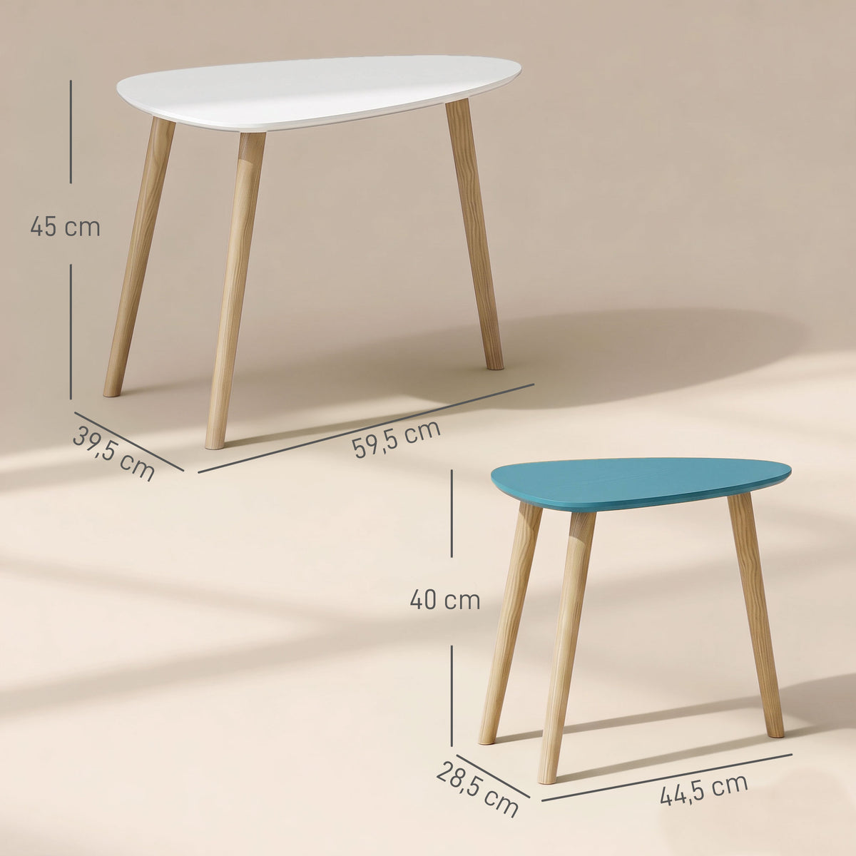 Lot de 2 tables basses gigognes design scandinave pieds en bois et plateau en bois, blanc et bleu-2