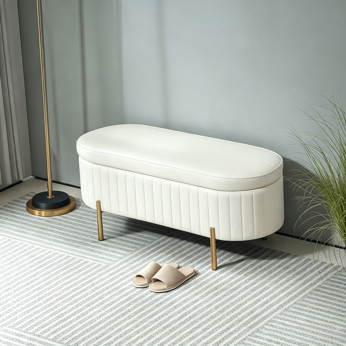 Banc de rangement, bout de lit en velours avec couvercle, pieds en métal, capacité 72 L, 107x42x45,5cm, crème-1