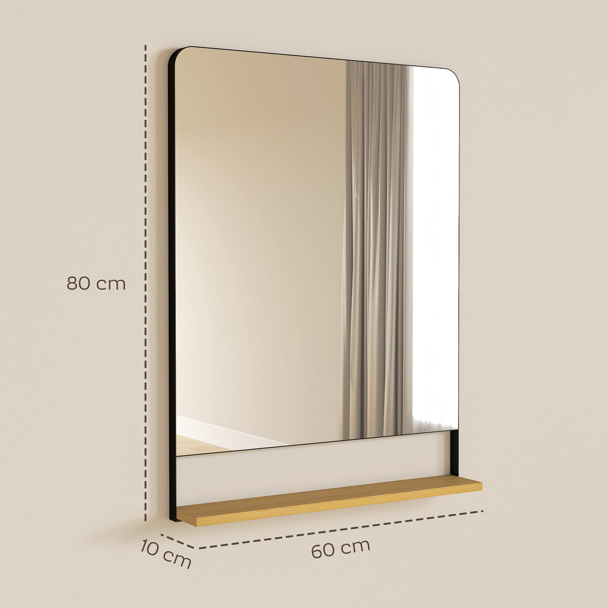 Miroir mural 80 x 60 cm avec étagère en bois, miroir rectangulaire moderne avec cadre en métal, noir-2