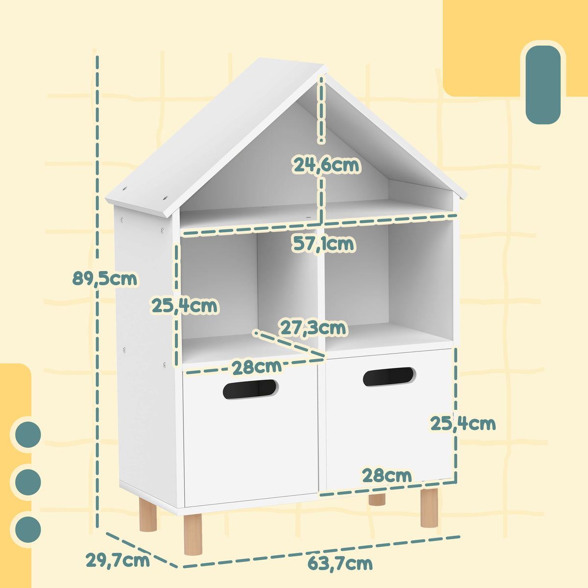 Bibliothèque enfants meuble de rangement enfants 3 niveaux avec deux tiroirs forme de maison 63,7 x 29,7 x 89 cm blanc-2
