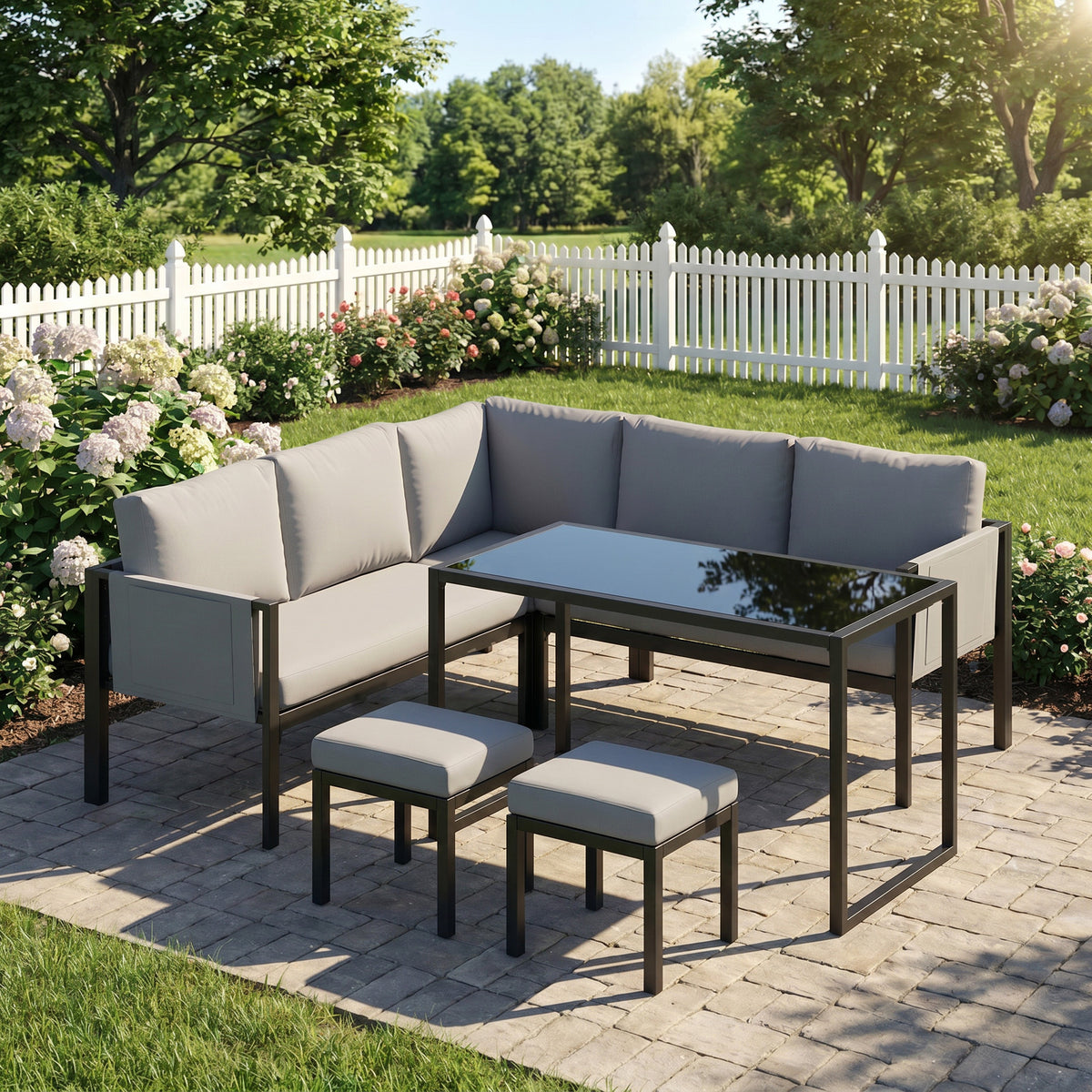 Salon de Jardin Canapé d'Angle Extérieur 6 Pièces Coussins 10cm Table Haute et 2 Repose-pieds Gris-1