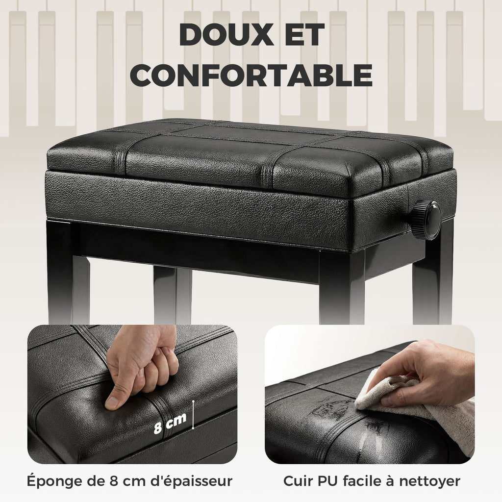 Banquette tabouret siège pour piano coffre intégré hauteur réglable bois hévéa assise revêtement synthétique noir-5