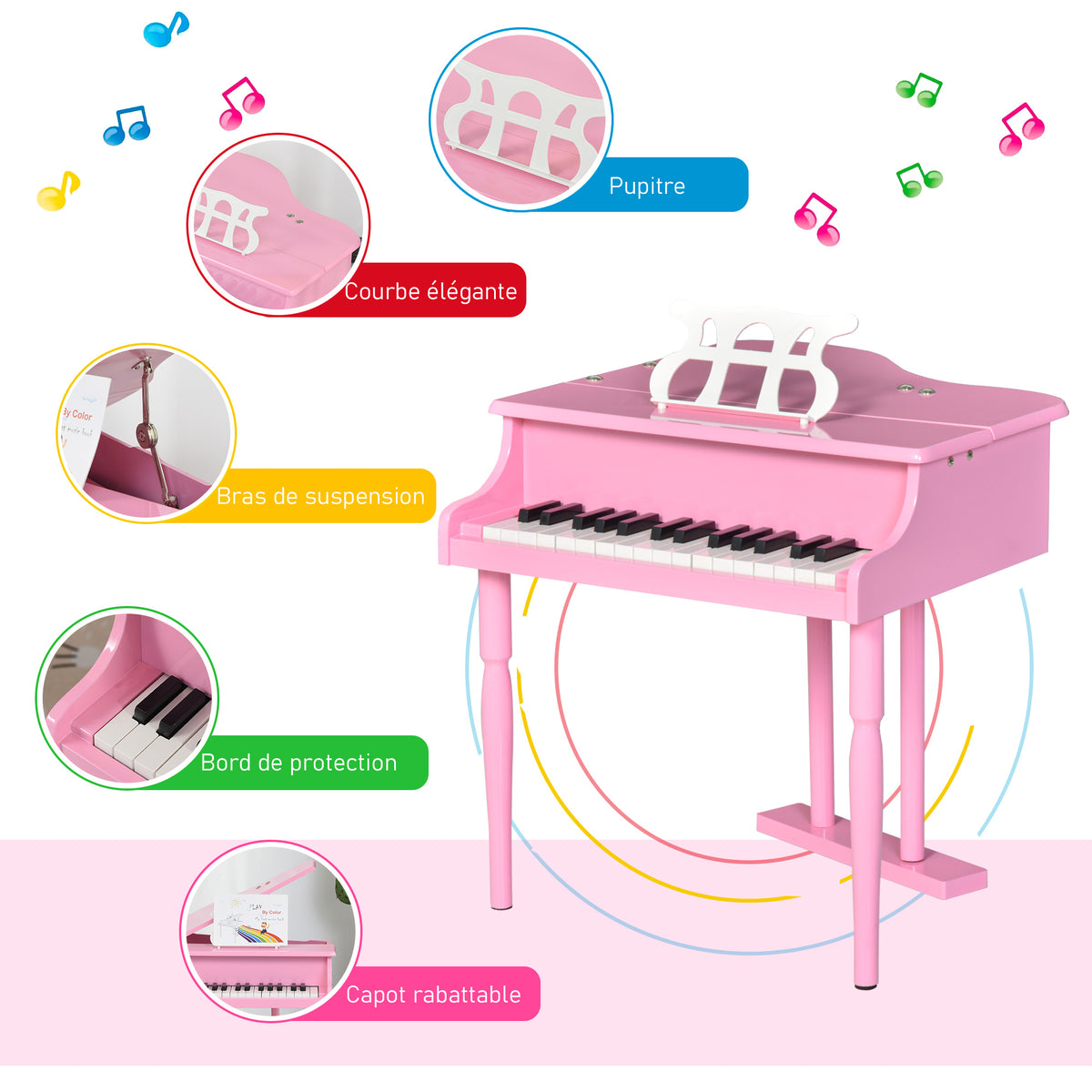 Piano à queue enfant en bois Piano enfant clavier de piano 30 touches - tabouret et pupitre inlus - Instrument de Musique - MDF rose-3