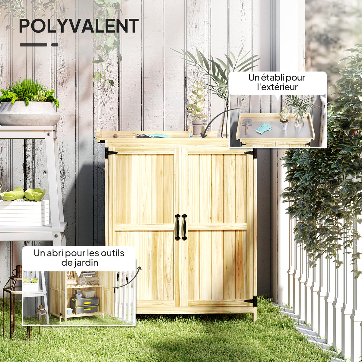 Armoire de jardin en bois abri de jardin avec 2 portes, toit à charnières et étagère, 74 x 43 x 88 cm, bois naturel-3
