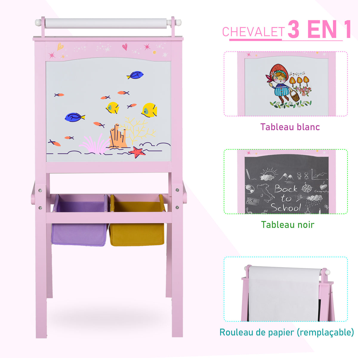 3 en 1 Tableau Enfant - chevalet Enfant - Ardoise Double Face - Tableau Blanc Tableau à Craie - Rouleau Papier avec accessoires + paniers Rangement intégrés - MDF Rose-4