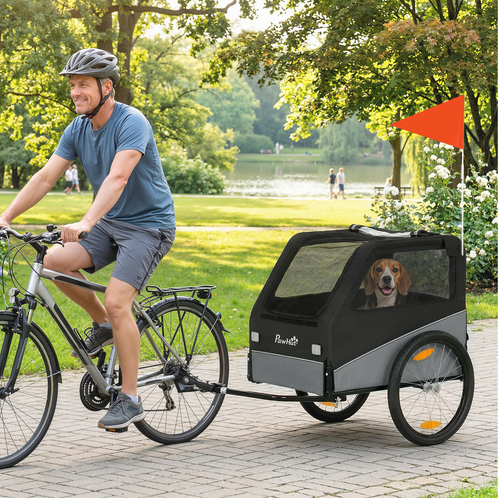 Remorque Vélo Chien avec Pneus 20", Attache Universelle, Réflecteurs, Drapeau, Laisse, 139x72x88cm, Gris et Noir-9