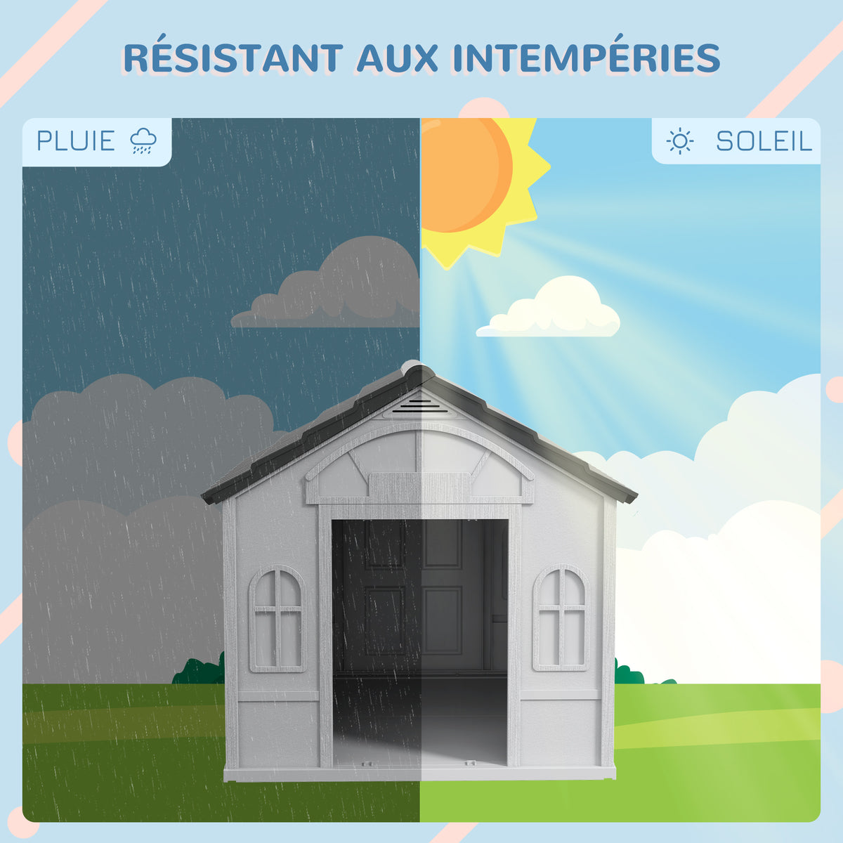 Niche pour Chien Extérieur pour Chiens Moyens et Grands, Maison pour Chien en PP Imperméable avec Toit en Pente, Porte Avant Ouverte et Ouverture d'Aération au-Dessus, 65 x 75,7 x 63 cm, Gris-3