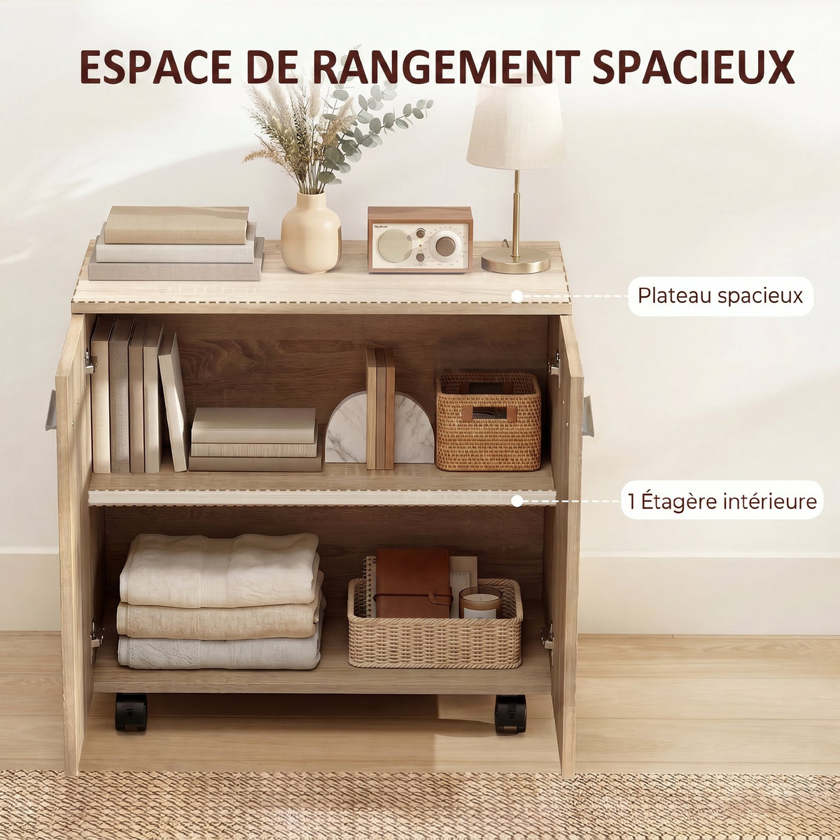 Meuble de Rangement Buffet bas sur roulettes avec 2 Portes étagère Interne 60 x 35 x 65 cm bois naturel-3