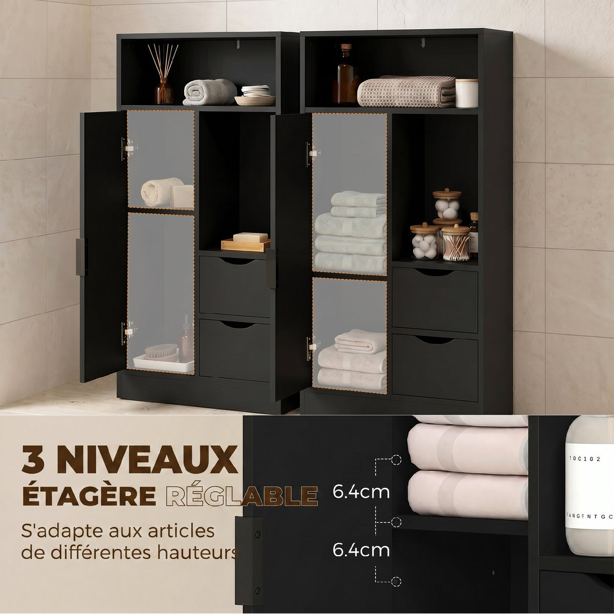 Meuble de salle de bain, meuble de rangement étroit avec 2 tiroirs, compartiments ouverts, 50x25x100cm, noir-4